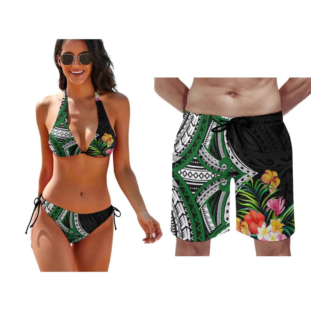 Polynesian Pattern Floral Print Lace-Up Swimsuit Pool Party Couple Suit Summer Custom Couple Suit Women Bikini Men Beach Pants