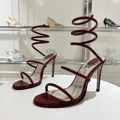Summer Crystal Gladiator Sandals Women Rhinestone Twine Around Ankle Snake Wedding Shoes High Heels Sandals Woman