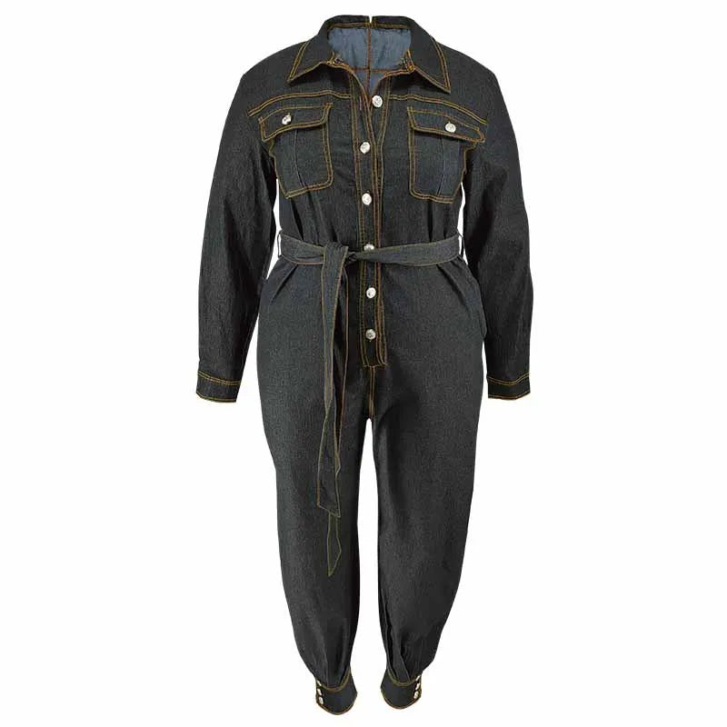 Jumpsuits Women Denim One Piece Turn Down Collar Y2k Streetwear Overalls Long Pants Lace Up High Waist Casual Spring Rompers
