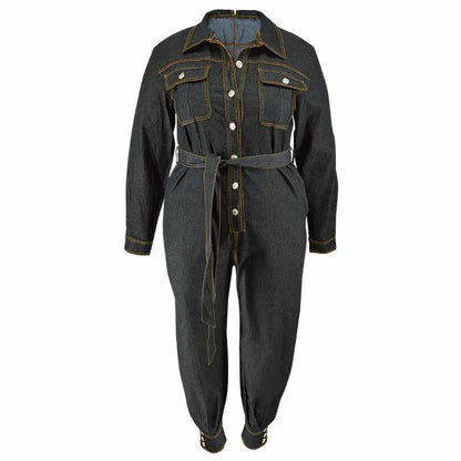 Jumpsuits Women Denim One Piece Turn Down Collar Y2k Streetwear Overalls Long Pants Lace Up High Waist Casual Spring Rompers