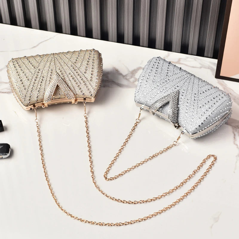 Diamond Silver Shoulder Bags for Women Wedding Inspired Designer Handbags 2026 Luxury Quality V Hasp Rhinestone Crossbody Bags