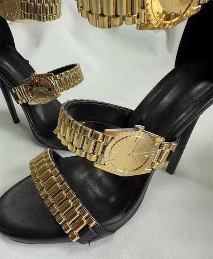 Womens Silver Watch Embellished Strap Sandals Sexy Stilettos Heel Sandals Open Toe Ladies Chain Detail Gladiator Sandals 35-44