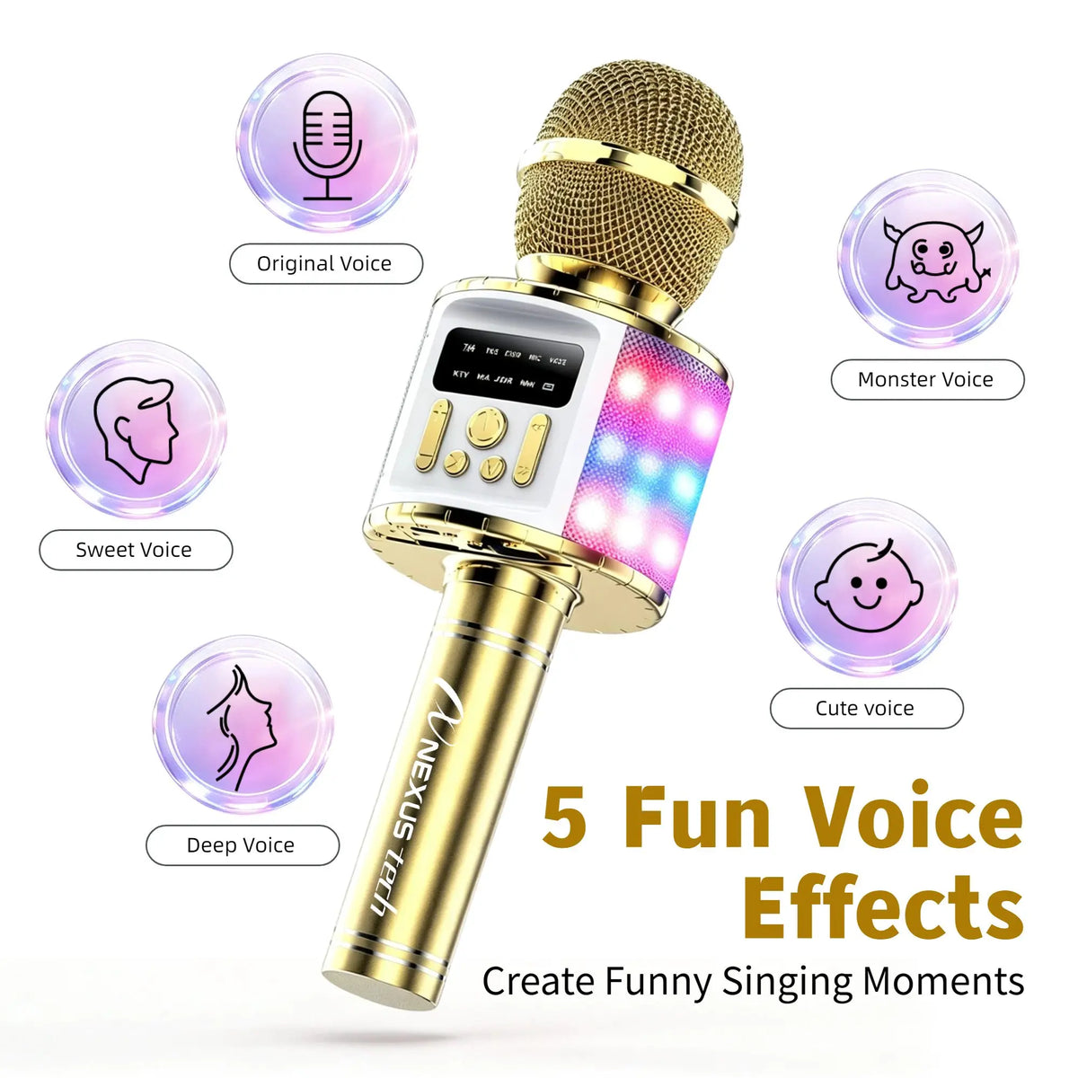 Wireless Karaoke Microphone Speaker with Voice Changer, 5 Funny Effects, RGB Light, 4 Sound Modes, Bluetooth AUX TF, Family Party KTV Singing