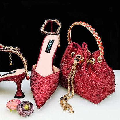 QSGFC Nigerian Popular Pointed Shoes And Bag Handle Soft Small Bag Anklet Design Mid-Heel Women's Shoes