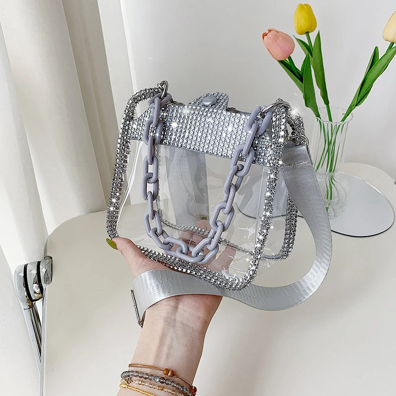 2026 NEW Transparent Shoulder Bag New Chain Handbag Fashionable Diamond Inlaid Jelly Bag PVC Women Crossbody Bag