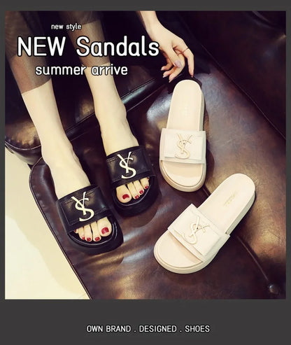 2025 Summer New Women's Fashion Letter Designer Sandals Casual Thick Bottom Round Toe Leather Beach Shoes Женские Сандалии