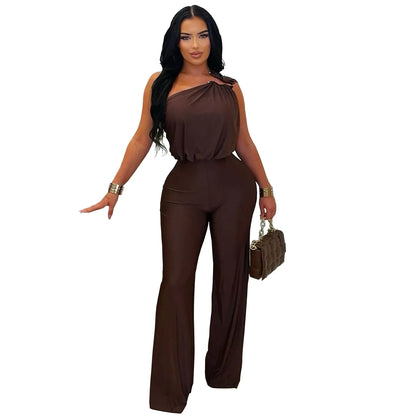 HLJ Winter New Sexy Bodycon Jumpsuits Woman Solid Color Off Showlder Metal Buckle Patchwork Rompers Female Streetwear Overalls