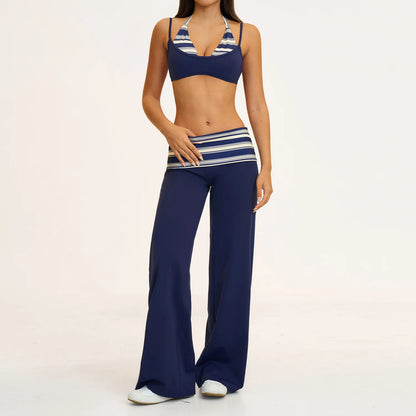 2PCS Stripes Fitness Suit Women's Tracksuits Polka Dot High Waist Workout Capri Pants Sports Set Female Yoga Sports Clothes