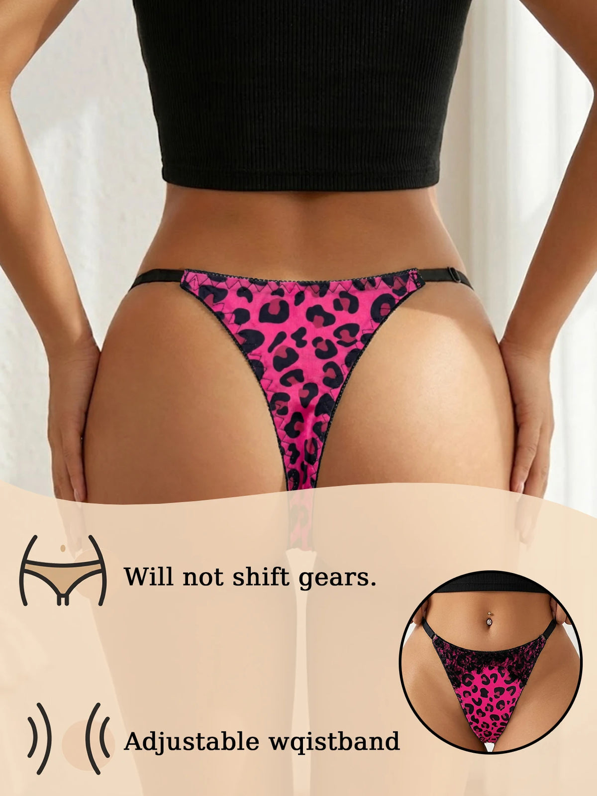 Leopard Women Lace Trim Panties Sexy Low Rise Thong Adjustable Waistband Female Breathable Intimates Lingerie Underwear
