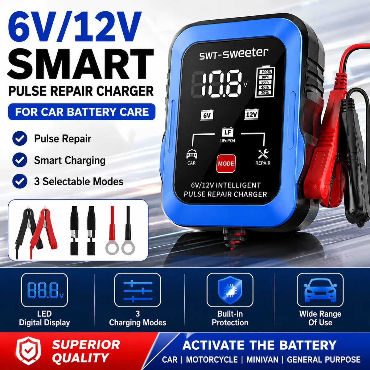 ZNLYRION 2Pcs /pair 6V 12V Smart Car Battery Charger 1.5A Pulse Repair Charger for Lead Acid LiFePO4 Battery Digital Display Auto Motorcycle Battery Maintainer with Alligator Clips Ring Terminal Cables