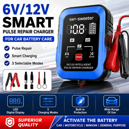 ZNLYRION 2Pcs /pair 6V 12V Smart Car Battery Charger 1.5A Pulse Repair Charger for Lead Acid LiFePO4 Battery Digital Display Auto Motorcycle Battery Maintainer with Alligator Clips Ring Terminal Cables