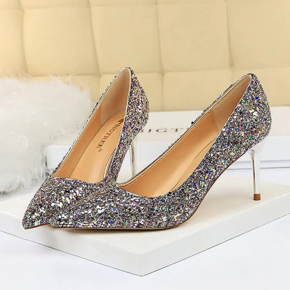 Women Luxury Bling Red  Blue Valentine Party Scarpins Pumps Lady Glitter Sequins 7cm 9.5cm High Heels Designer Shoes Plus Size