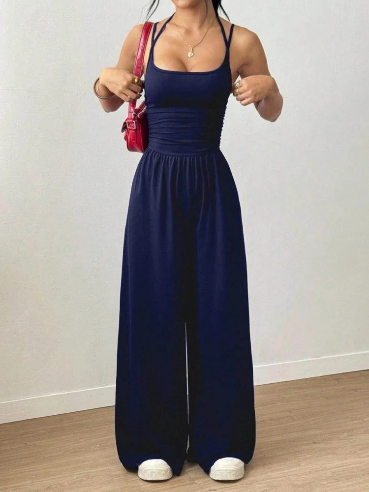 Spaghetti Strap Jumpsuit Square Neck Ruched Waist Wide Leg Long Pant Outfit For Women Daily Travel Outdoor Casual Lounge Stylish Garment