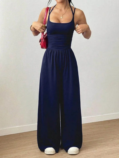 Spaghetti Strap Jumpsuit Square Neck Ruched Waist Wide Leg Long Pant Outfit For Women Daily Travel Outdoor Casual Lounge Stylish Garment