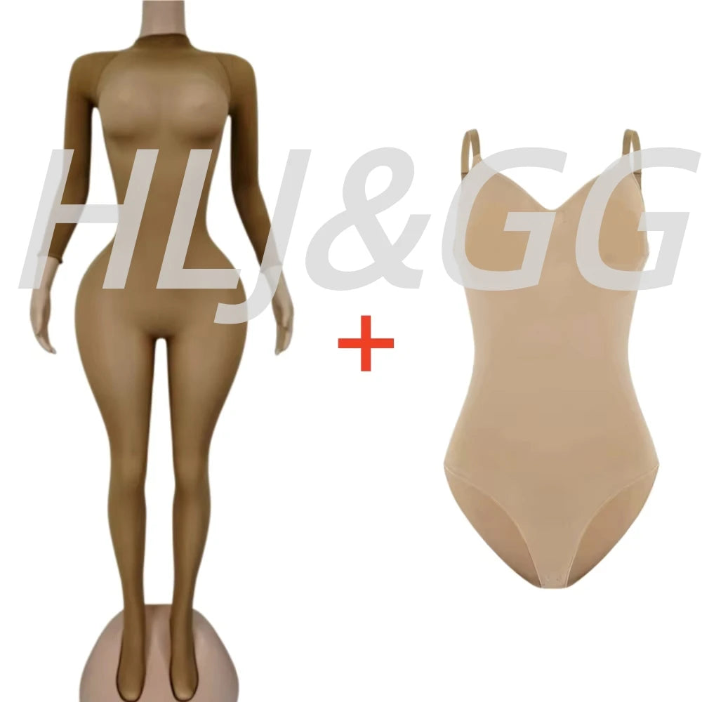 HLJ&GG Sexy Mesh See Through Bodycon Jumpsuits And Bodysuits Suits Women Long Sleeve Stretchy Playsuits Party Night Club Overall