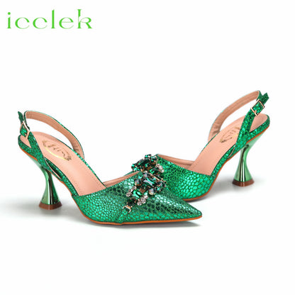 2024 Newest INS Style Green Color Elegant High Heels Nigeria Popular Design African Ladies Shoes And Bag Set for Wedding Party