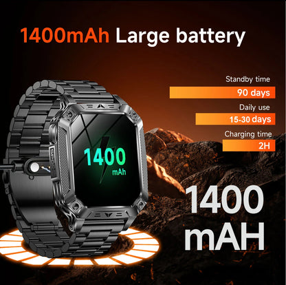 2026 New Military outdoor 1400mAh Battery SmartWatch Men Waterproof Call 2.01" HD AMOLED Sports Heart rate Flashlight Smart Band
