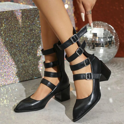 Women Summer Boots Retro Design Belt Buckle Roman Cool Boots High Thick Heel Hollow Golden Silvery Black Sandals for Woman