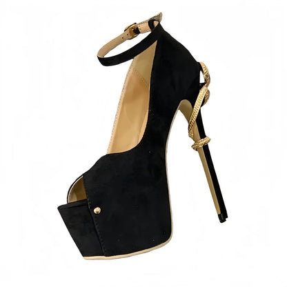 Liyke Sexy Metal Snake Shape Thin Heeled Sandals Women Peep Toe Buckle Strap Platform High Heels Party Stripper Shoes Size 35-42