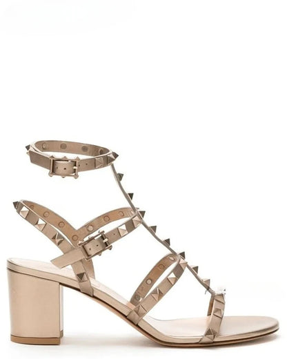 Rockstud Open Toe Block Heel Sandals Luxury Designer Ankle Straps Chunky Heels Women Summer Colorful Leather Pumps Dress Shoes