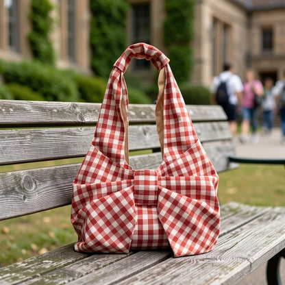 Women Red White/ Blue White Gingham Plaid Tote Bag with Big Bow Decor, Large Capacity Soft Canvas Shoulder Handbag, Casual Shopping Bag for Picnic Travel Daily Commute
