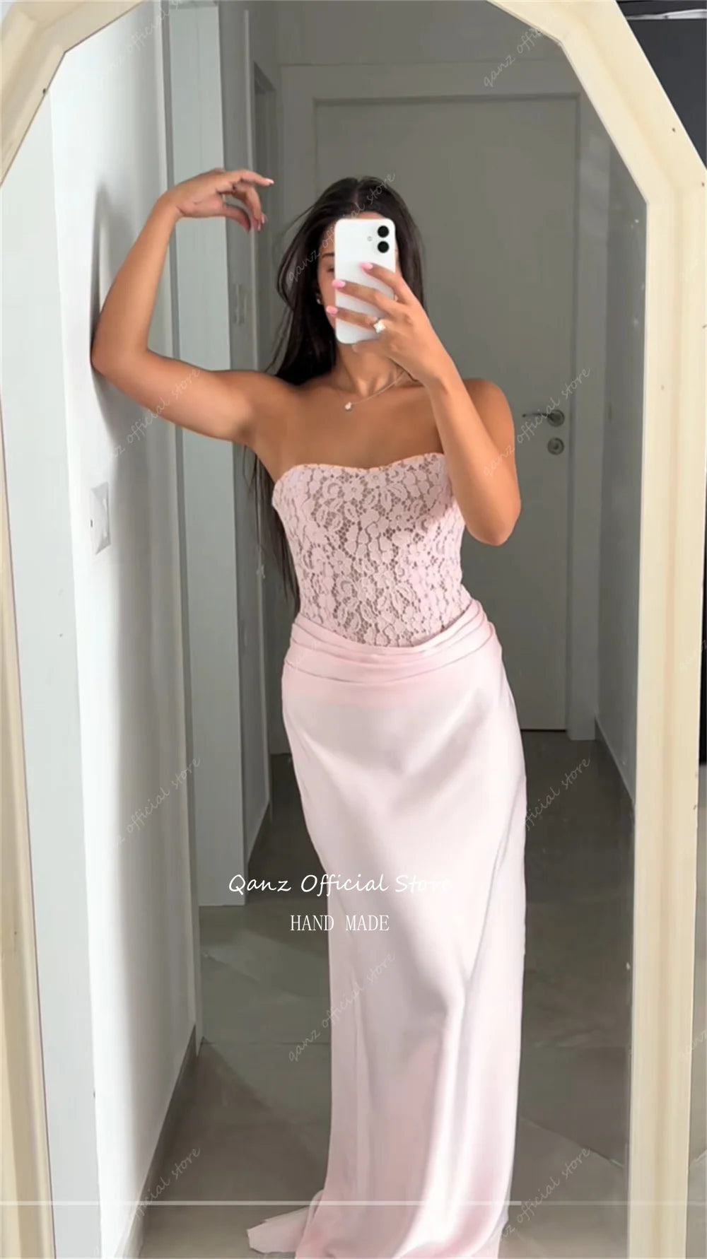 Qanz Pink Prom Dress Mermaid Lace Evening Dresses Woman Elegant Strapless Backless Satin Robe De Soirée Femme Customized