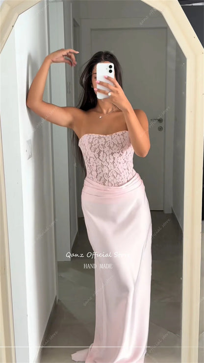 Qanz Pink Prom Dress Mermaid Lace Evening Dresses Woman Elegant Strapless Backless Satin Robe De Soirée Femme Customized