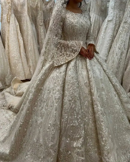 Flavinke Customized Muslim Princess Wedding Dresses Beaded Ball Gowns Middle East Bride Dresses Long Sleeve Vestido de novia