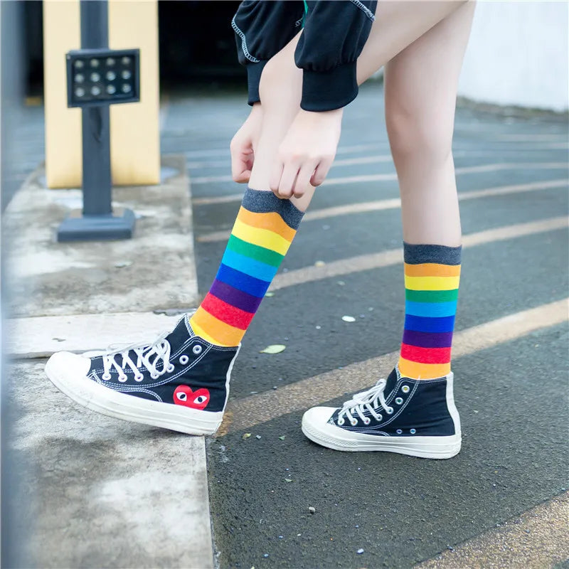 Rainbow Striped Socks Colorful Fashion Women Middle Tube Long Socks Trendy Candy Colors Breathable Cotton Casual Sport Socks New