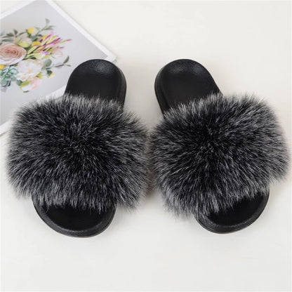 Women's Summer Faux Fur Fox Fur Slippers Fashion Luxury Indoor and Outdoor Non-Slip Solid Color Flat Bottom Furry Sandals