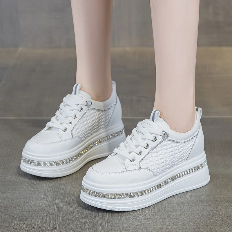 Women's height-increasing shoes for petite individuals, elegant and versatile, woven with rhinestones, casual shoes