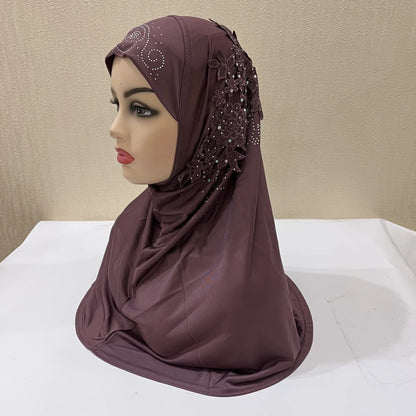 H027 beautiful big gilrs muslim hijab with lace and stones islamic scarf shawl headscarf hat armia pull on wrap ramadan gift