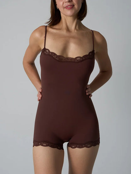 Hot Women Sexy Lace Patchwork Bodysuit Sports FitnessSkinny Shaperwear Camisole Square Neck Spaghetti Strap Slimming Bodycon