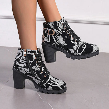 Women's Fashion Round Toe Boots High Heeled Women Boots Cross Straps Short Boots Zipper Printed Comfortable High Heeled Shoes
