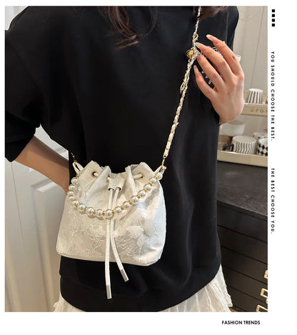 Sweet Butterfly Women Drawstring Bucket Shoulder Bags Versatile Ladies Crossbody Bag Clutch Fashion Girls Pearl Chain Handbags