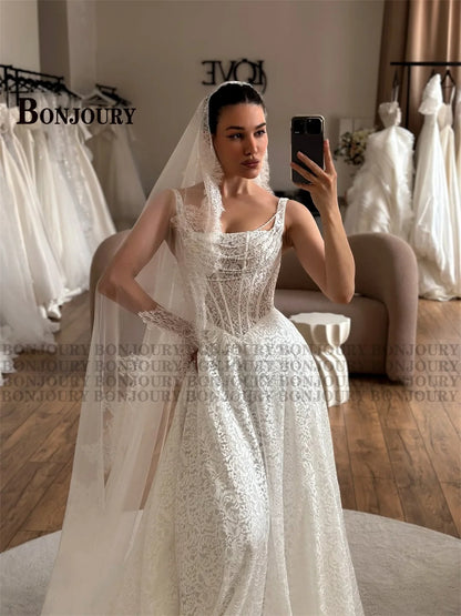BONJOURY Fancy Wedding Dress for Women A-line Appliques Beads Square Collar Spaghetti Straps Vestido De Casamento Customized