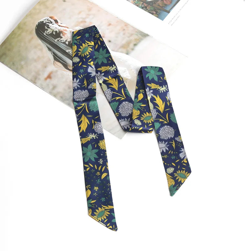 Women Print Flower Small Scarf Handle Bag Ribbons Fashion Head Scarf Small Long Skinny Scarves Headbands Tie Accessories