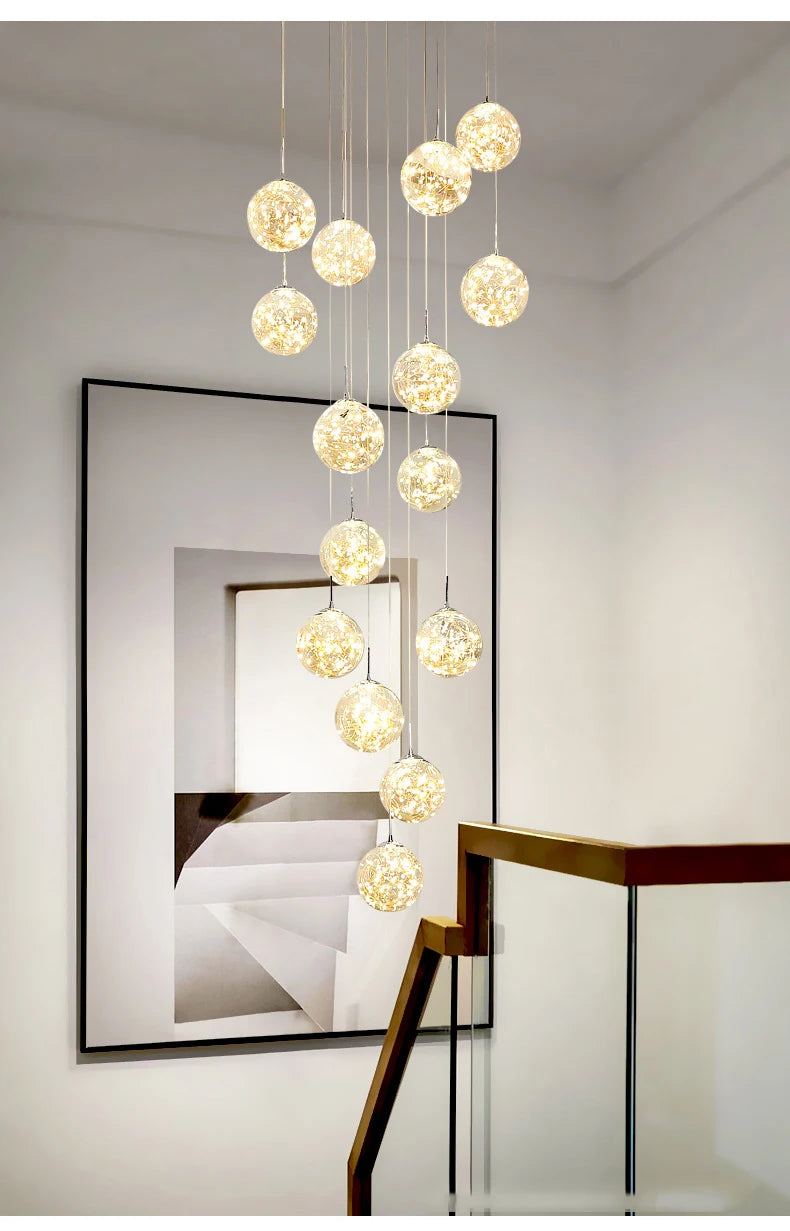 Modern LED Chandelier Glass Ball Dimmable Pendant Lamp for Staircase Living Room Home Decor Suspension Lighting Design Lusters