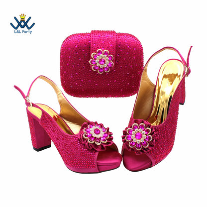 New Design Peep Toe African Spring Autumn Lady Shoes and Bag Set in Gold Color Women Sandal in Wedding