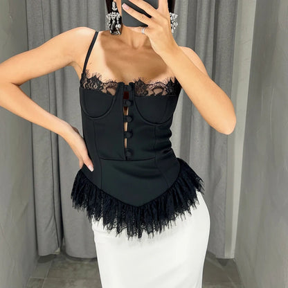 2026 Elegant Lace Patchwork Waist Party Blouse Women Fashion Hight Street Slim Vest Sexy Off Shoulder Sleeveless Suspender Tops