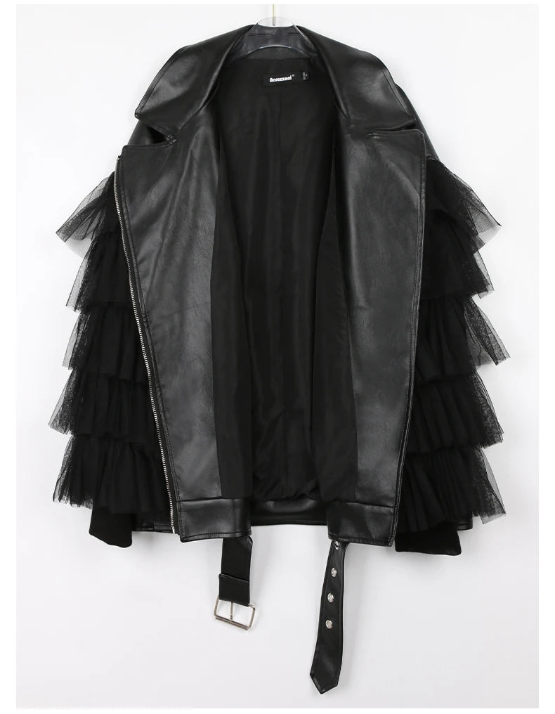 Nerazzurri Spring Autumn Loose Black Faux Leather Jacket Women with Lace Long Sleeves Zipper Belt Luxury Elegant Fashion 2022