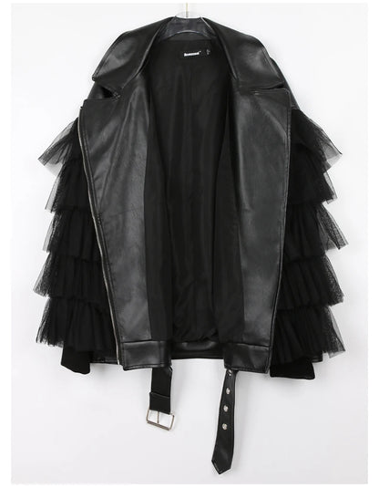 Nerazzurri Spring Autumn Loose Black Faux Leather Jacket Women with Lace Long Sleeves Zipper Belt Luxury Elegant Fashion 2022