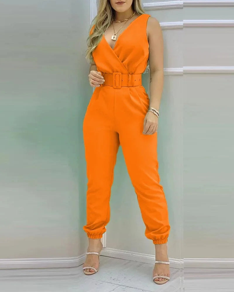 Summer Women Jumpsuits Elegant Office Lady Sexy V-neck Sleeveless Print Jumpsuits New Fashion With Belt Vest Playsuit Streetwear