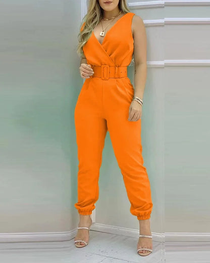 Summer Women Jumpsuits Elegant Office Lady Sexy V-neck Sleeveless Print Jumpsuits New Fashion With Belt Vest Playsuit Streetwear