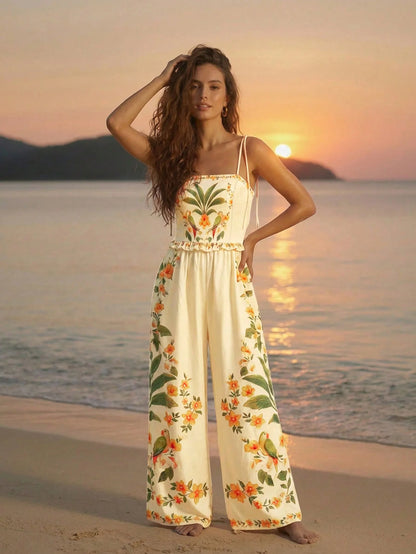 Elegant Floral Print Suspender Jumpsuits 2026 Summer New Backless Lace-up Loose Wide-leg Pants Suit for Boho Beach Vacation