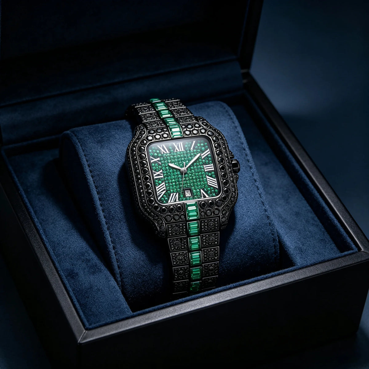 European Full Diamond Men's Quartz Watch with Waterproof Square Case and Hot Fashion Fold Clasp Style