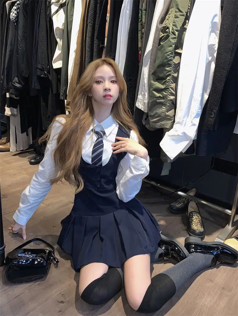 Japan And Korea College Style Jk Set Women's Long Sleeve Shirt Pleated Skirt Strap Dress Set Two Piece Set School Jk Uniform