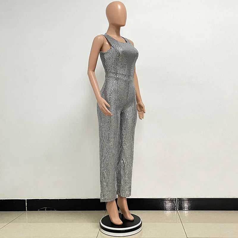 Bling Bling Sequined Club Jumpsuit Sexy Women O-neck Elegant Shiny Sliver Gold Sequins Straight Romper Overalls