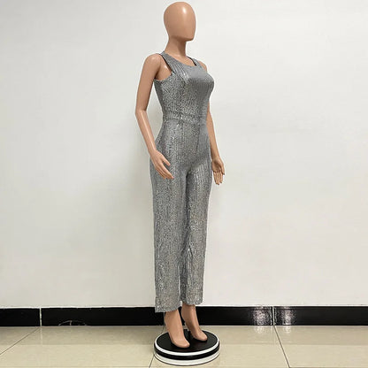 Bling Bling Sequined Club Jumpsuit Sexy Women O-neck Elegant Shiny Sliver Gold Sequins Straight Romper Overalls
