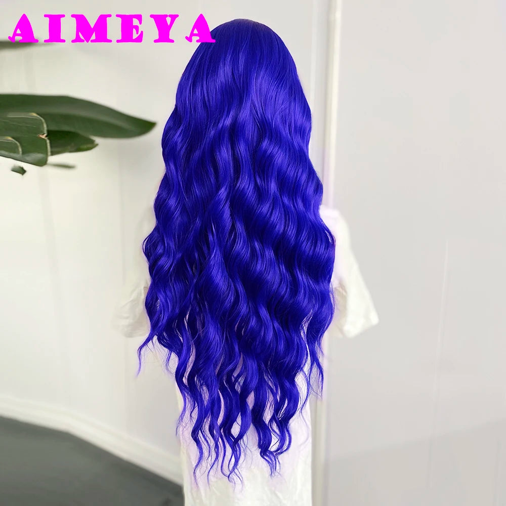 AIMEYA  Red Long Wig Natural Hairline Loose Wave Lace Front Wig for Women Daily Use Heat Resistant Synthetic Hair Blue Purple